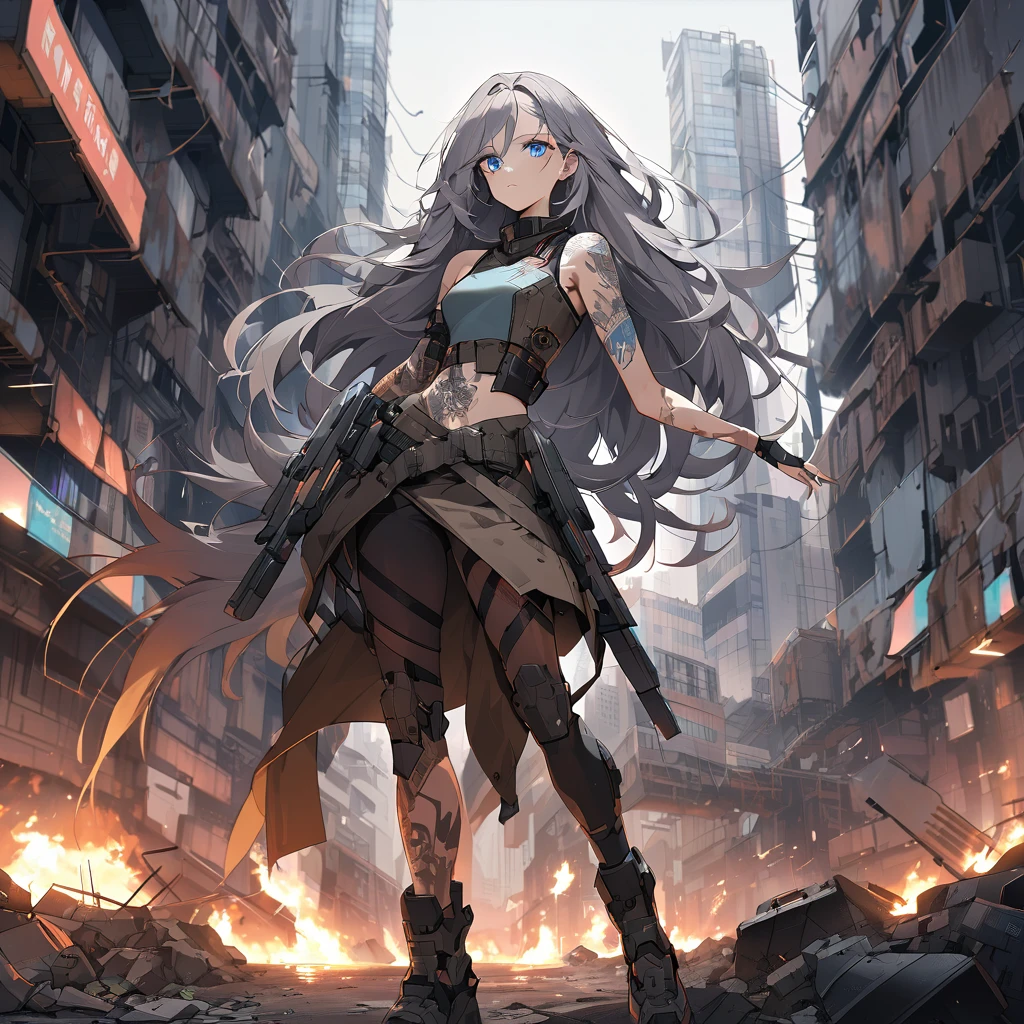detailed photo of a futuristic beautiful female warrior in a dystopian city, tattered outfit with rusty metal armor plates, long wild hair, tattooed arms and body, fashion pose, blue eyes with round iris, detailed face, apocalyptic environment
