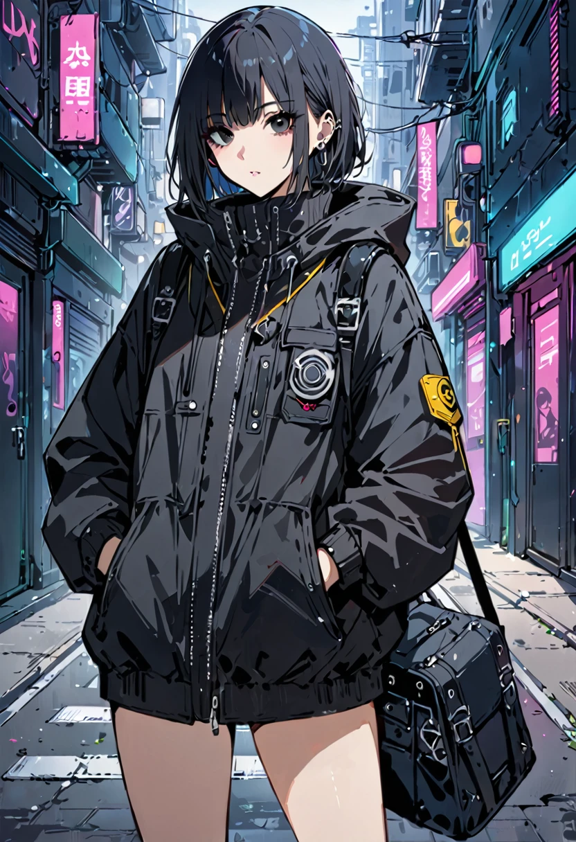 masterpiece, best quality, 1 girl, , hands in pockets, bag, black hair, black eyes, cyberpunk, street, line art