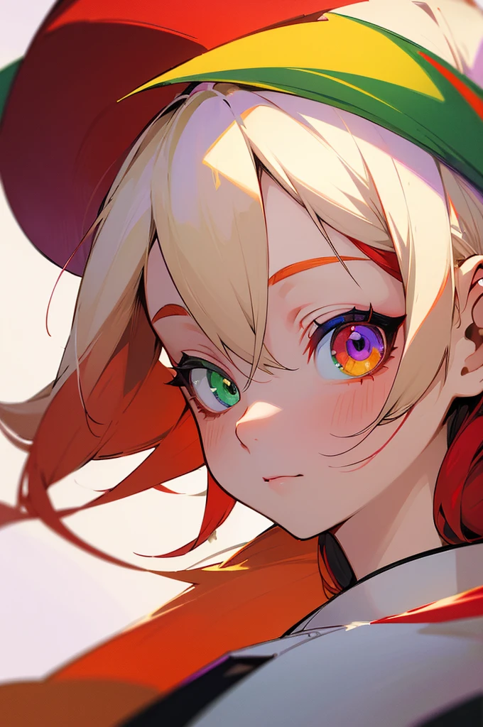 ((best quality)), ((masterpiece)), (detailed), perfect face, tradional kimono, two toned colored hair, long hair, red hair and blonde near white hair, hair behind ear, multicolored eyes, heterochromia, green eye and violet eye, anime, anime, anime style, 8k, super detail