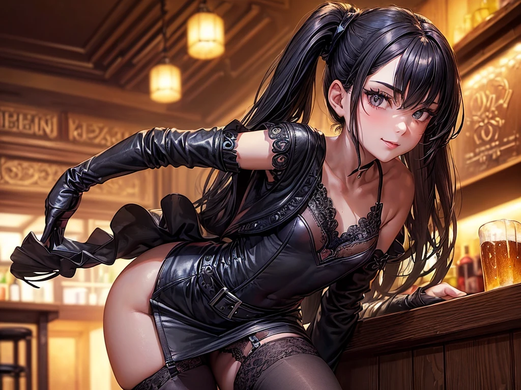 (((top-quality, masterpiece))), (best quality), (detailed), (((depict one young girl))), (solo girl), bartender girl, happy, charming, smiling, highly detailed beautiful face, delicate girl, delicate face, dark hair, long hair, poney tail, dark eyes, black eyes, dark look, ((small breasts)), nice hips, flat belly, slim waist, define collarbone, (((sofisticated and detailed black leather dress))), ((sexy dress)), (((black lace stocking))), standing in front of a bar counter, sexy pose, cinematic shadow, Holding beer cup, irish pub atmoshpere, she is leaning against the bar counter, she leans forward, and we can see a large cleavage