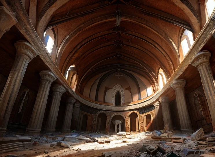 ((Destroyed)) Orthodox church interior ((Underground)), Round Hall, ((hole in the ceiling)), (Serious damage), round columns, light from above