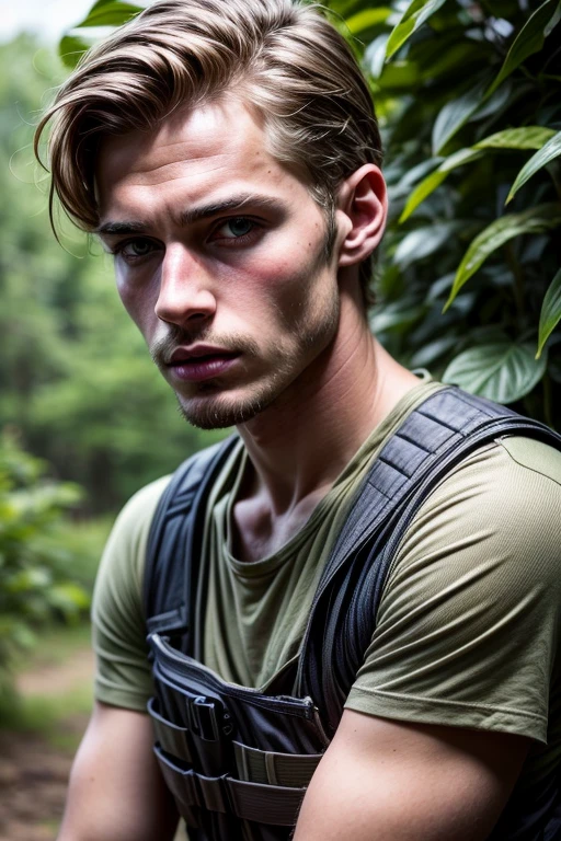 Portrait of a young military in the jungle, warman, warboy, 1boy, military pants, military vest, bulletproof vest, wearing a tank top, sportsman, slim, beautiful facial features, photography, ultra detailed, real, film grain, beautiful boy, beautiful facial features, symmetrical, film grain, male beauty, short hair, supreme, nature, artistic portrait, artistic pose, photography award, realistic, heroic}, white man