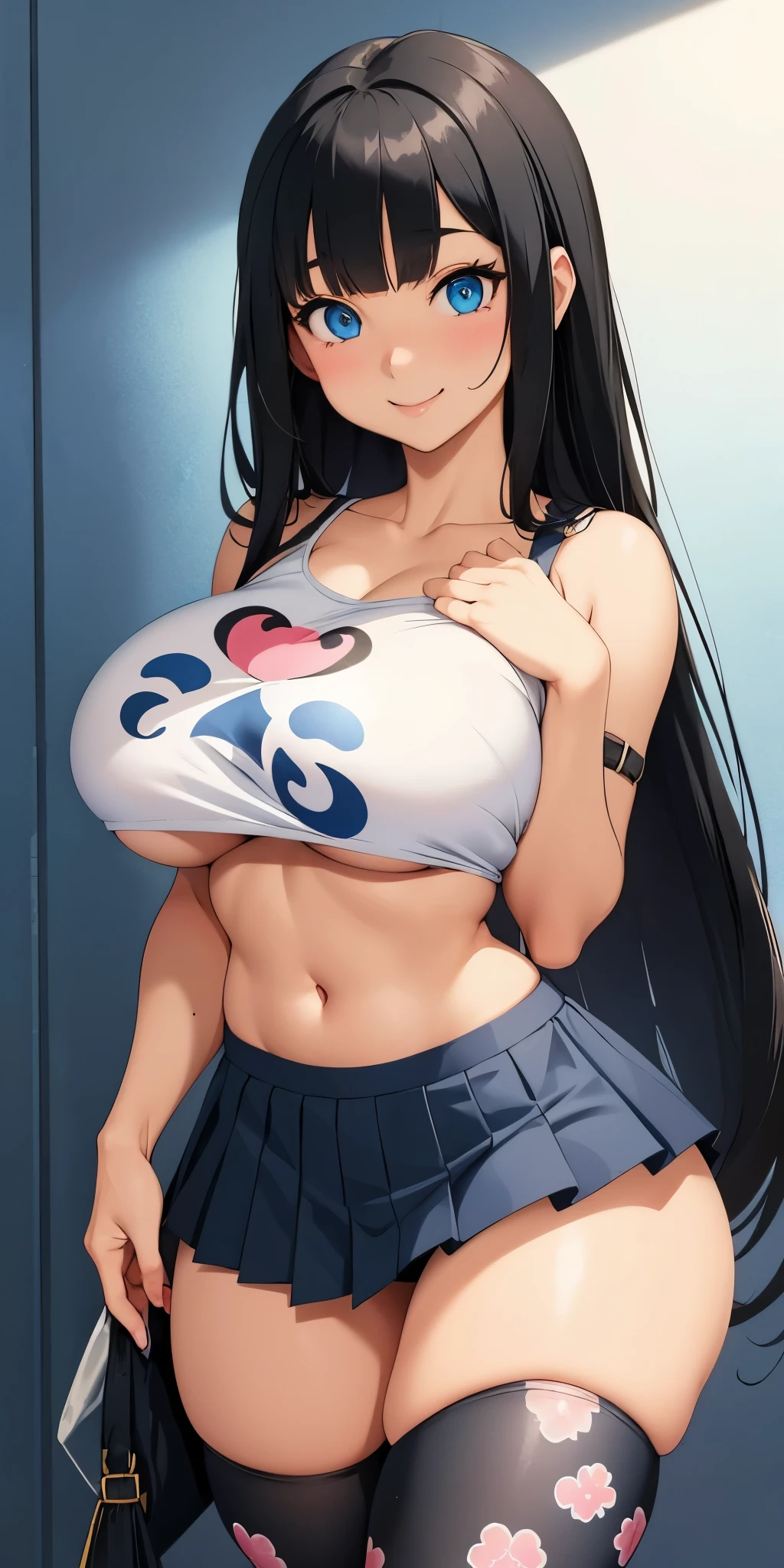 Anime girl, blue eyes, black hair, muy voluptuosa, , big breast, shy smile, wallpaper, puffy fabric crop top, long pleated skirt with prints, strap, breasts bounce, house