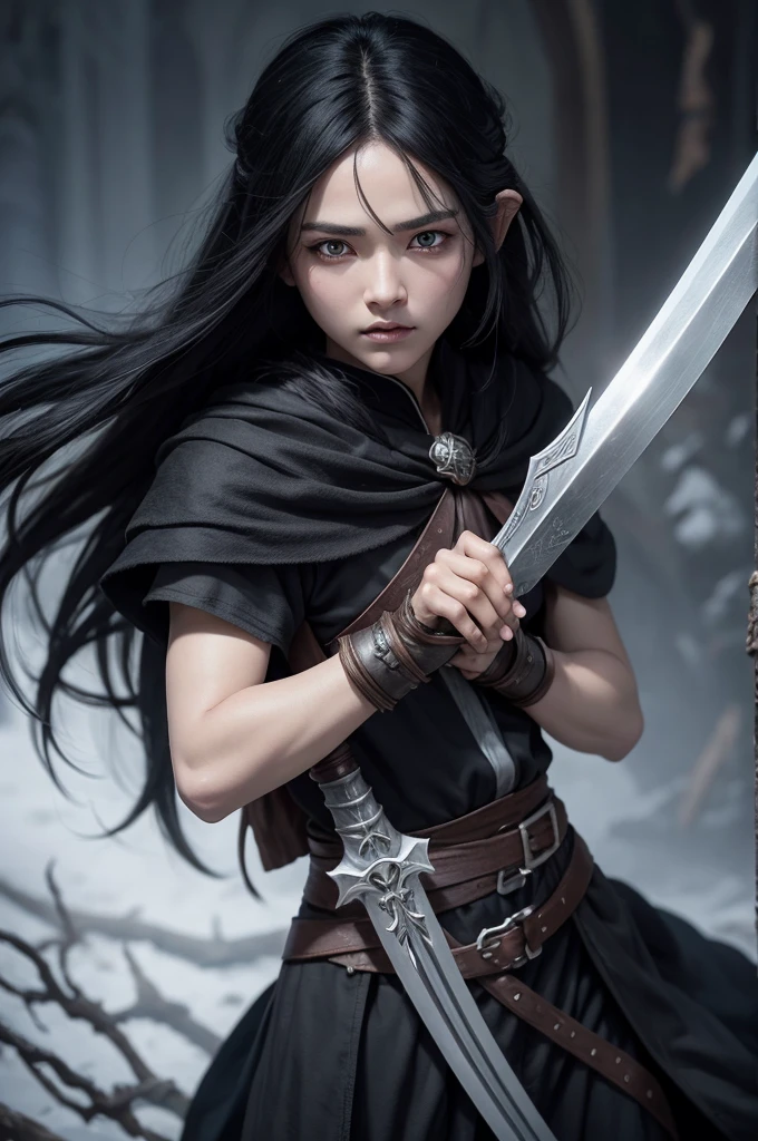 Elfo , Bblack hair , gray eyes, with a divine weapon the bow of the dead king