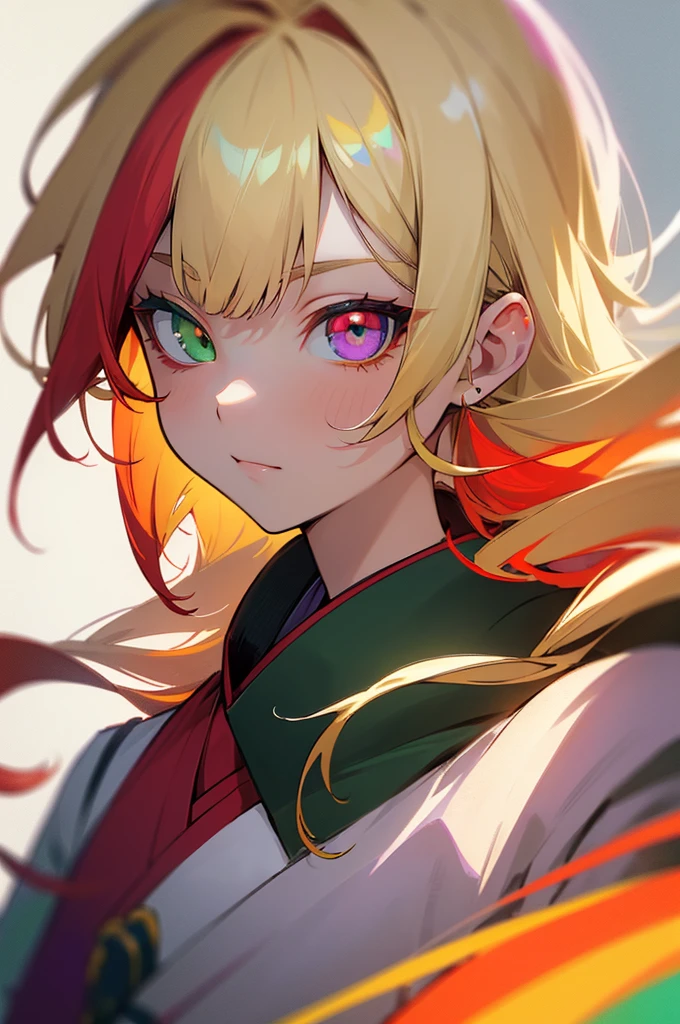((best quality)), ((masterpiece)), (detailed), perfect face, tradional kimono, multicolored hair, long hair, half red hair and other half blonde near white hair, hair behind ear, multicolored eyes, heterochromia, green eye and violet eye, anime, anime, anime style, 8k, super detail