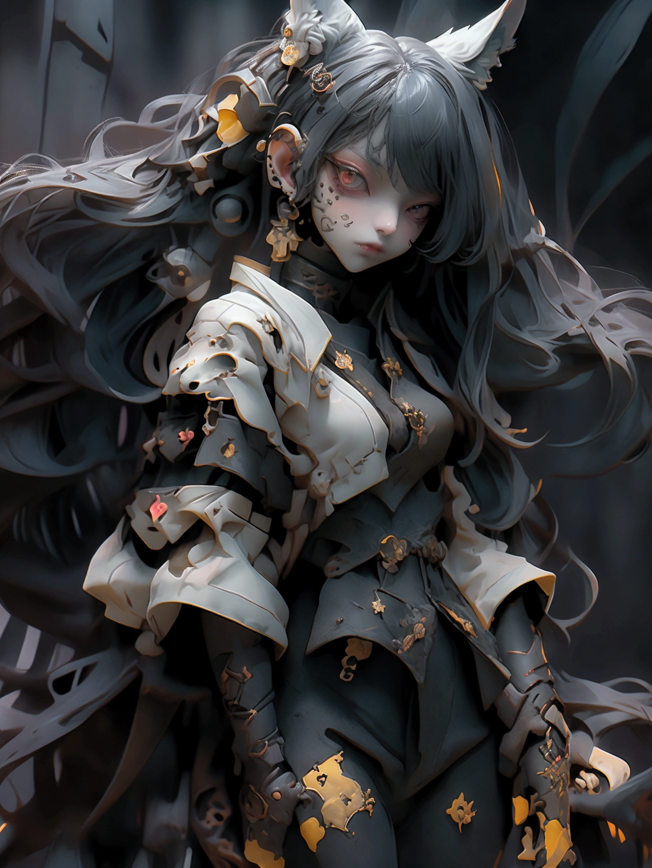whole body,Standing posture,Model pose,masterpiece, image color: Black and Yellow, Emphasize yellow,(Beautiful young vampire woman, Pale skin, Gothic, Still proud、intense, Loose and fluffy black twin tails,Long Hair, Dark look, Wearing a very elaborate dark tunic,Shorts,boots, Dark atmosphere, but、Sculpting shapes with chiaroscuro), Detailed Background, Dim lighting, Volumetric lighting, nijilorawolf