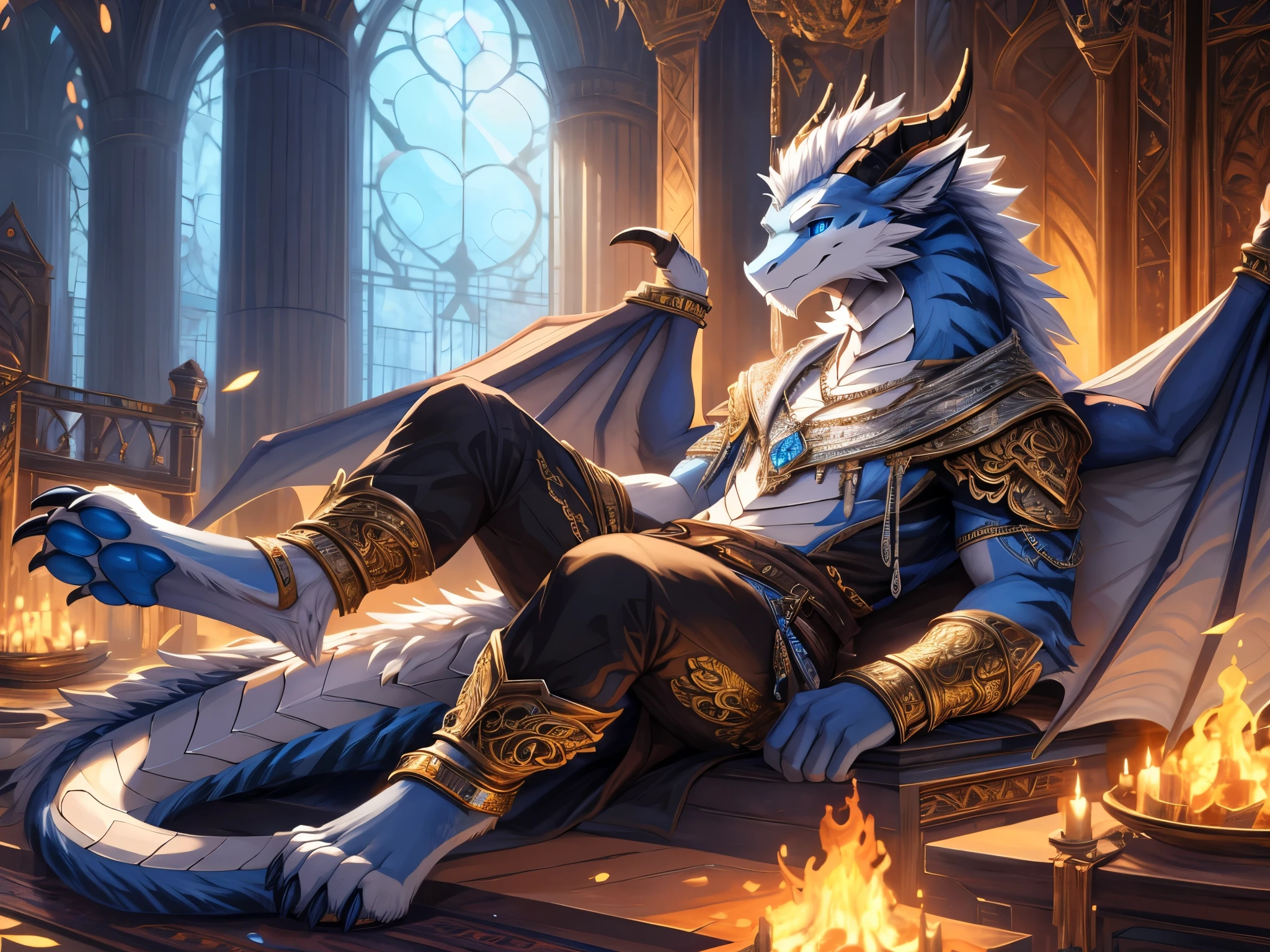 solo,(furred dragon),mature,male,((white fur)),wing,fluffy furs,dragon horns,blue_eyes,cat's eye,tail,handsome,toe claws,digitigrade,blue pawpads,lying,anklet,bracelet,pendant,clothing details,epic,mgaical,Fantasy,floating_island,Cinematic Lighting,cirrocumulus,perfect lighting,(best quality),(masterpiece),(ultra detailed),sharp focus,(detailed eyes),depth of fieldExtremely gorgeous metal style, Metal crown with ornate stripes, Various metals background, Sputtered molten iron,Clothes made of silver, Clothes with gold lace, flowing gold and silver, everything flowing and melt, flowing iron, flowing silver, lace flowing and melt,