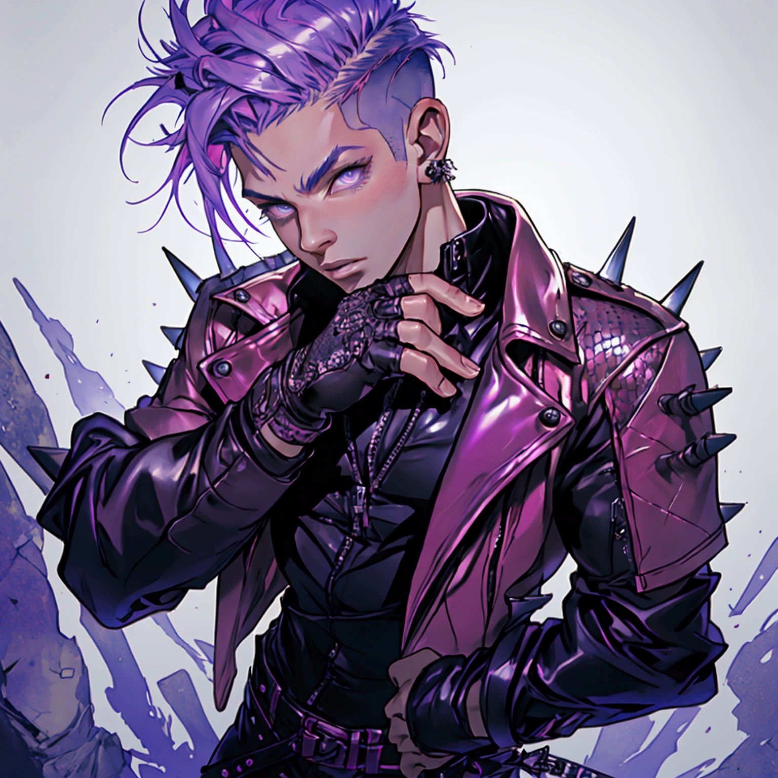 a young male with a pink and tear undercut, punk leather jacket with metal spikes, fingerless gloves, purple snake skin pants, cowboy boots, detailed face, detailed eyes, detailed lips, portrait, photorealistic, 8k, best quality, masterpiece, ultra-detailed, extremely detailed, physically based rendering, vivid colors, dramatic lighting, solo, alone, (SOLO)(ALONE)