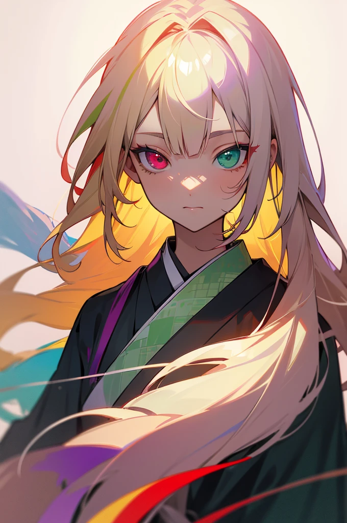 ((best quality)), ((masterpiece)), (detailed), perfect face, tradional kimono, multicolored split hair, long hair, half red hair and other half blonde near white hair, hair behind ear, multicolored eyes, heterochromia, green eye and violet eye, anime, anime, anime style, 8k, super detail