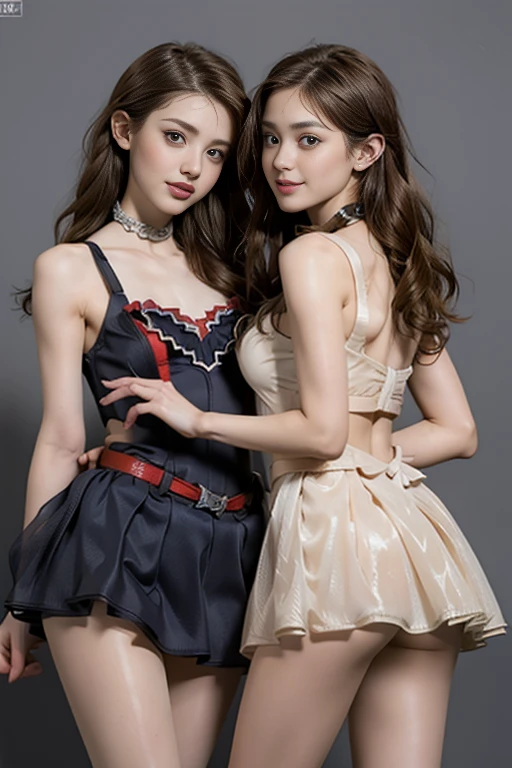 two 18 year old tween girls trying on cute clothes, two close friends, colored hair, collar, skinny body, detailed pupils, beautiful face, perfect faces like young asian models, tattoo, touching each other, back straps, innocent expression, enticing, full body showing legs, garter with stockings, good lighting, high heels, cute glasses, kawai cosplay girls, strapped colored dresses with cutouts slits, bright playful, thin model, cute young teen girls