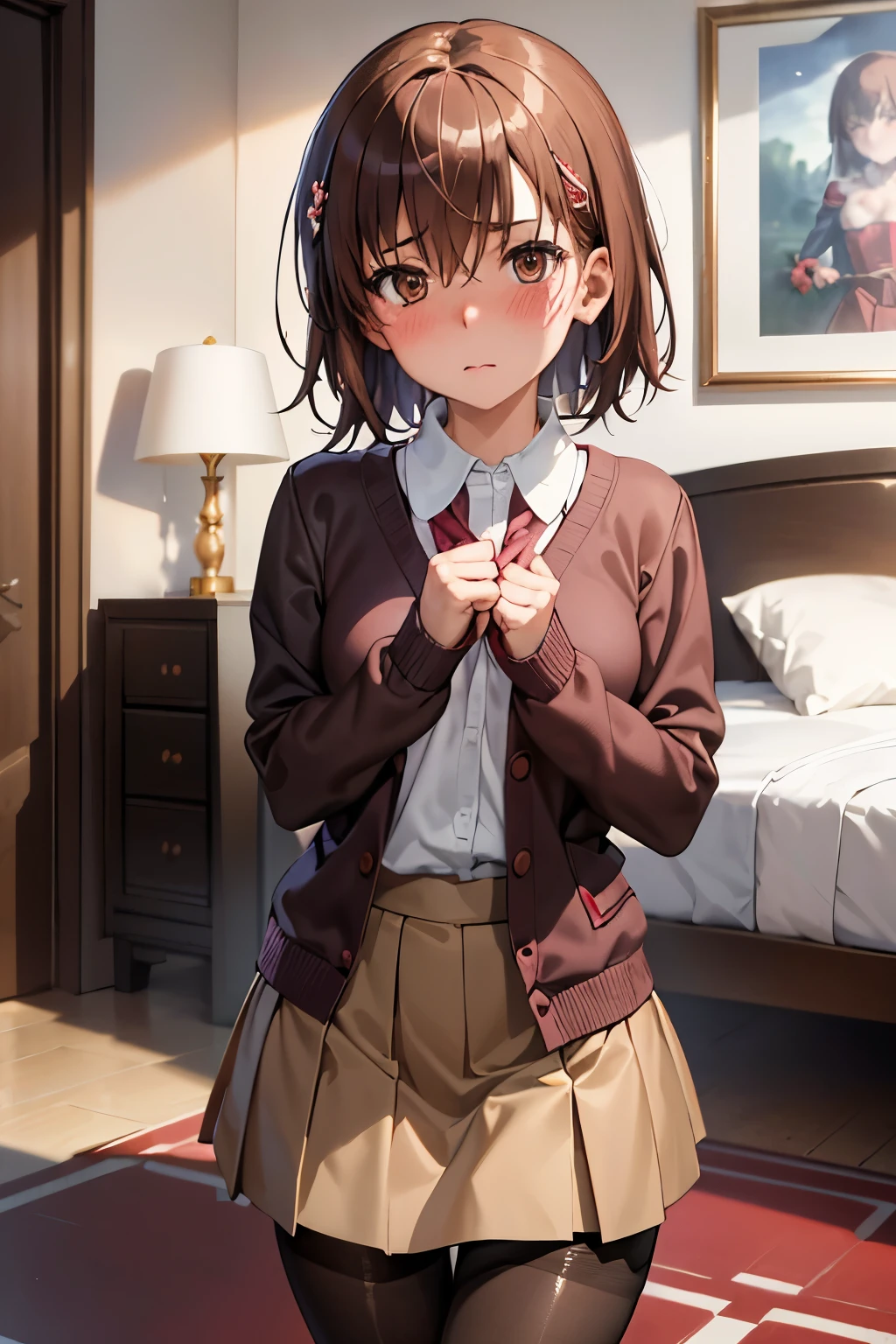 (Highest quality:1.1), (masterpiece:1.4), (Absurd:1.0),
One Girl, Mikoto Mikasa、Brown Hair、Medium chest、Looking at the audience、Bedroom、(blush:1.2)、Embarrassed expression、((pantyhose))、(mini skirt)