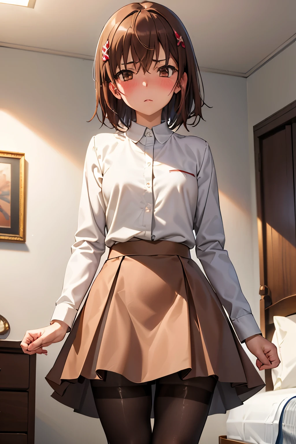 (Highest quality:1.1), (masterpiece:1.4), (Absurd:1.0), 
One Girl, Mikoto Mikasa、Brown Hair、Medium chest、Looking at the audience、Bedroom、(blush:1.2)、Embarrassed expression、((pantyhose))、(mini skirt)