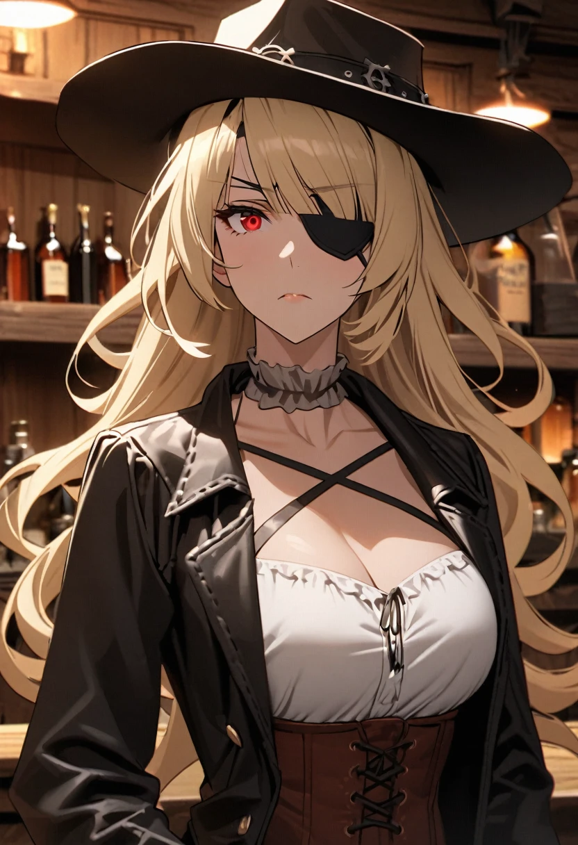 Mature woman, perfect eyes, long blondie hair, straight bangs down, red eyes, waved hair, straight and narrow eyes, eye patch, gunslinger, outlaw hat, (outlaw clouthes), (black overcoat), in the saloon, bar, old west, serious woman, corselet, beautiful.