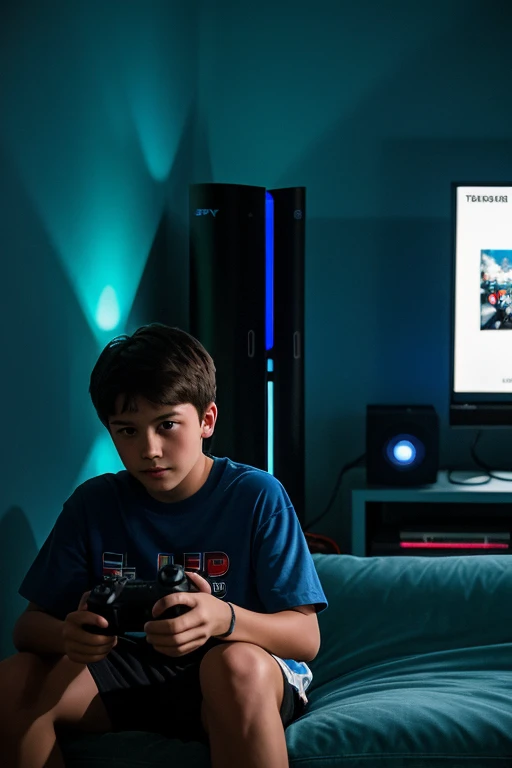 Generate me a 14 year old boy who plays the PS5 with a controller and a gaming background with gaming posters and blue lights in the dark and he is in his room on his blue sofa watching TV he is watching, 8k uh, DSLR, soft lighting, high quality, 80mm, hasselblad