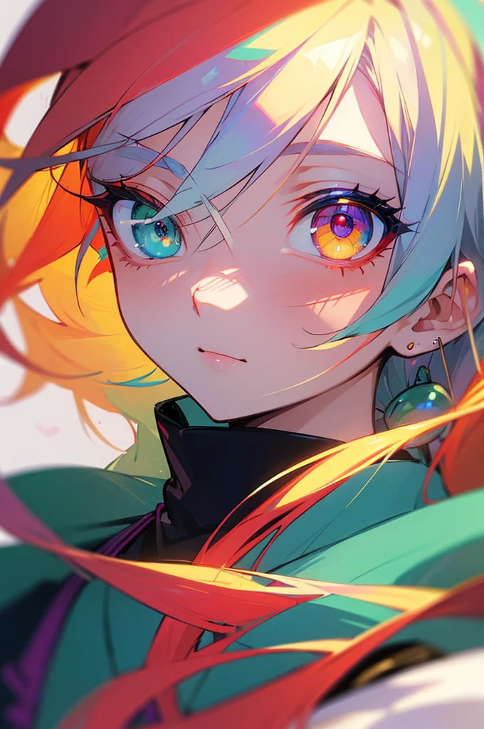 ((best quality)), ((masterpiece)), (detailed), perfect face, tradional blue kimono, multicolored hair, long hair, half red hair and other half blonde near white hair, hair behind ear, multicolored eyes, heterochromia, emerald green eye and violet eye, anime, anime, anime style, 8k, super detail