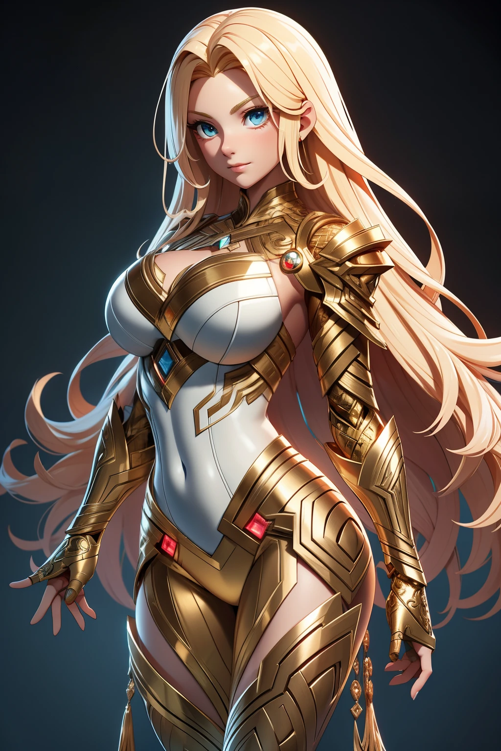 A majestic figure of a woman graces the scene, her very long blonde hair cascading down her back like a golden waterfall, perfectly complementing her white skin complexion. She stands out in an armor suit inspired by both Aphrodite and Jean Grey, its detailed design exuding a sense of womanly strength and allure. The armor suit extends to her gloves, with intricate patterns and ornaments adorning each piece.
Despite the bulk of her armor, her waistline is impossibly small, accentuating her abs and creating a stark contrast between her upper and lower body. The circumference of her lower extremities far exceeds 90 inches, a testament to her