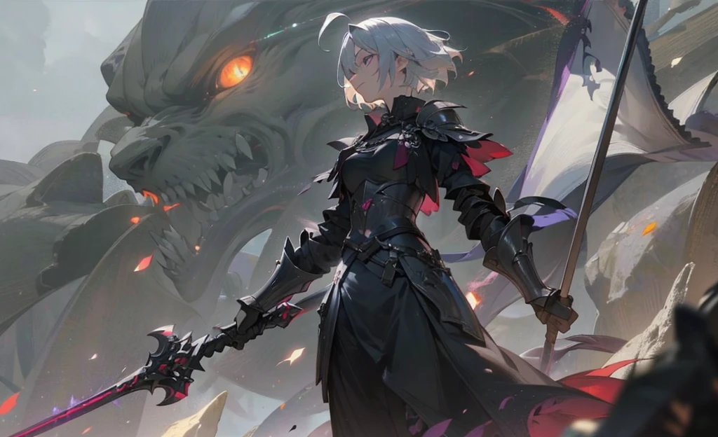 1female, (((masterpiece))), (((best quality, best resolution, 8k))), faint evil smile, short silver hair, dark aura around the body, perfect body, weapon, unsheathed sword in left hand, beautiful face , perfect face, perfect body, purple light reflection, light bias, purple-red gradation, eerie atmosphere, black flames, detailed eyes ((perfect eyes)), black armor dress, best anatomy