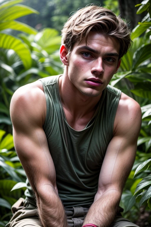 Portrait of a young military in the jungle, warman, warboy, 1boy, military pants, military vest, wearing a tank top, sportsman, slim, beautiful facial features, photography, ultra detailed, real, film grain, beautiful boy, beautiful facial features, symmetrical, film grain, male beauty, short hair, supreme, nature, artistic portrait, artistic pose, photography award, realistic, heroic}, white man