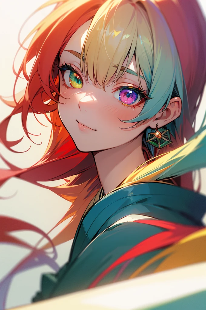 ((best quality)), ((masterpiece)), (detailed), perfect face, tradional blue kimono, multicolored hair, long hair, half red hair and other half blonde near white hair, hair behind ear, multicolored eyes, heterochromia, emerald green eye and deep violet eye, anime, anime, anime style, 8k, super detail