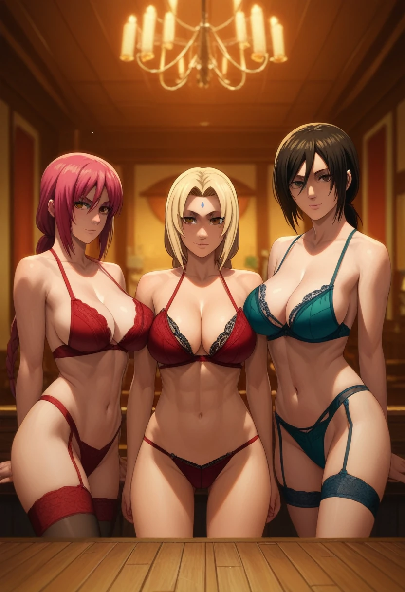 score_9, score_8_up, score_7_up, score_6_up, (by blade \(galaxist\):.6), (by null:.5), flat color, 3girls, naruto shippuden, chainsawman, attack on titan, tsunade, makima, mikasa, tsunade and makima and mikasa, flat shading, modern bedroom, indoors, modern interior, seductive expression, large breasts, clear eyes, smiling, tsunade and makima and mikasa in seductive pose, seductive lingerie