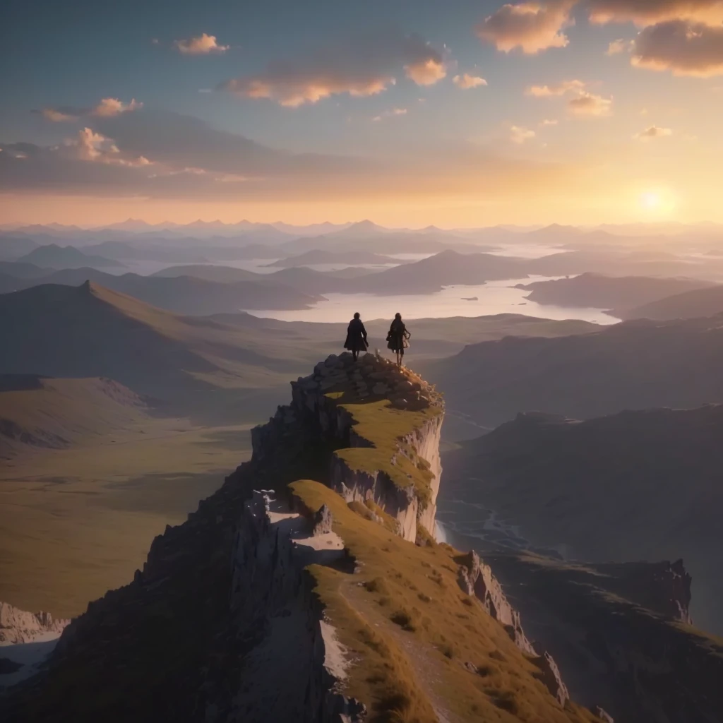 a breathtaking landscape, two friends on top of a towering mountain, vast ocean and sunset in the distance, dramatic lighting, epic scale, detailed shadows, photorealistic,stunning scenery,beautiful vista,dramatic atmosphere,gorgeous lighting,serene mood,epic proportions,highly detailed,intricate textures,striking silhouettes,cinematic composition,sweeping panorama,dramatic clouds,vivid colors,glowing sunset,vast horizon,distant silhouettes,dramatic shadows,incredible depth,mesmerizing beauty,stunning realism