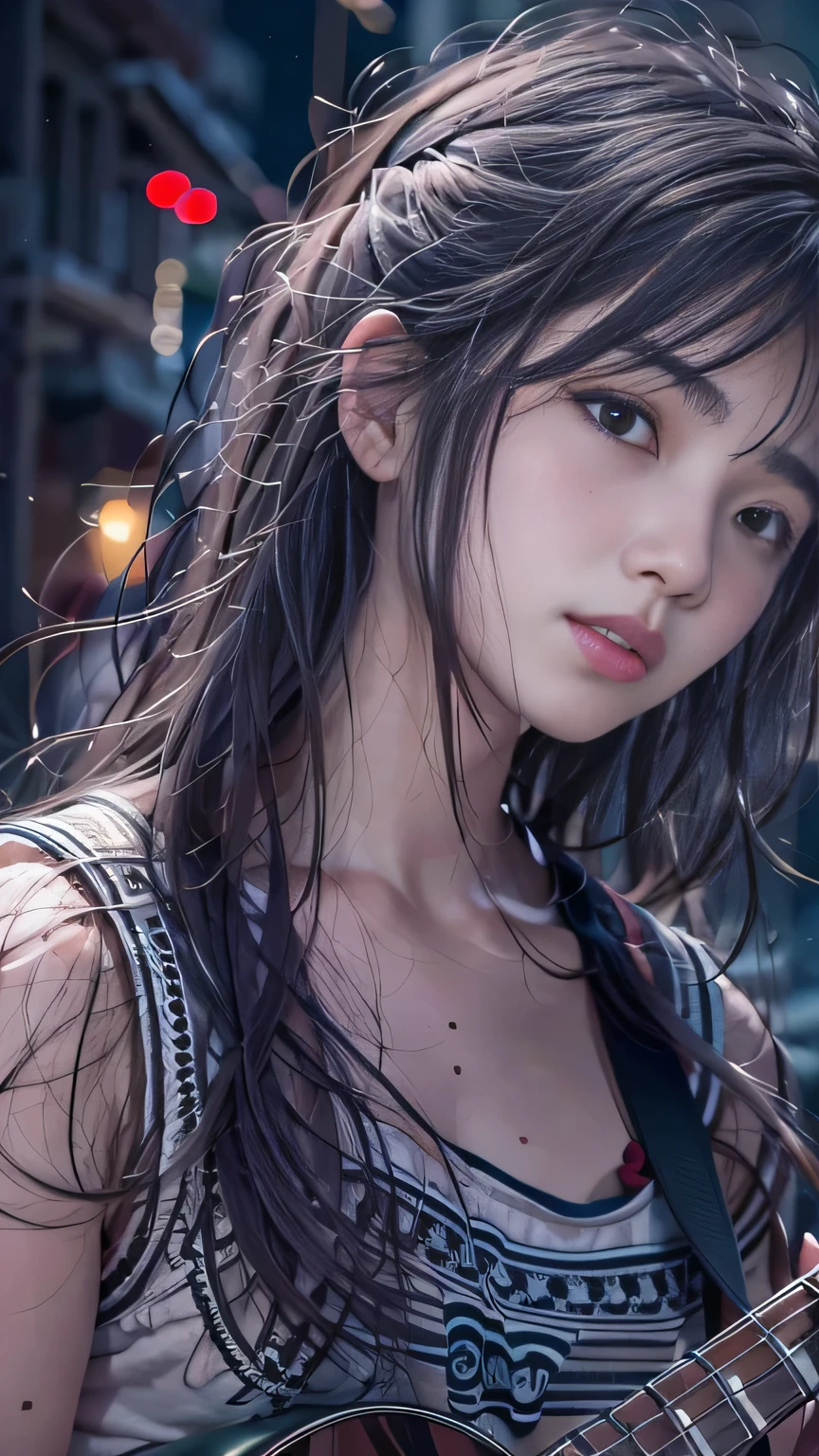 Singing on a street corner at night,A fragile singer,Tsurime,Detailed face，Detailed face，Cool color makeup,People who cry when they hear the song,The audience stopped to listen, Smooth Hair，Fine hair，Very fine hair，A fragile girl,Girl playing the guitar,In detail、Smooth Hair，Fine hair，Very fine hair,