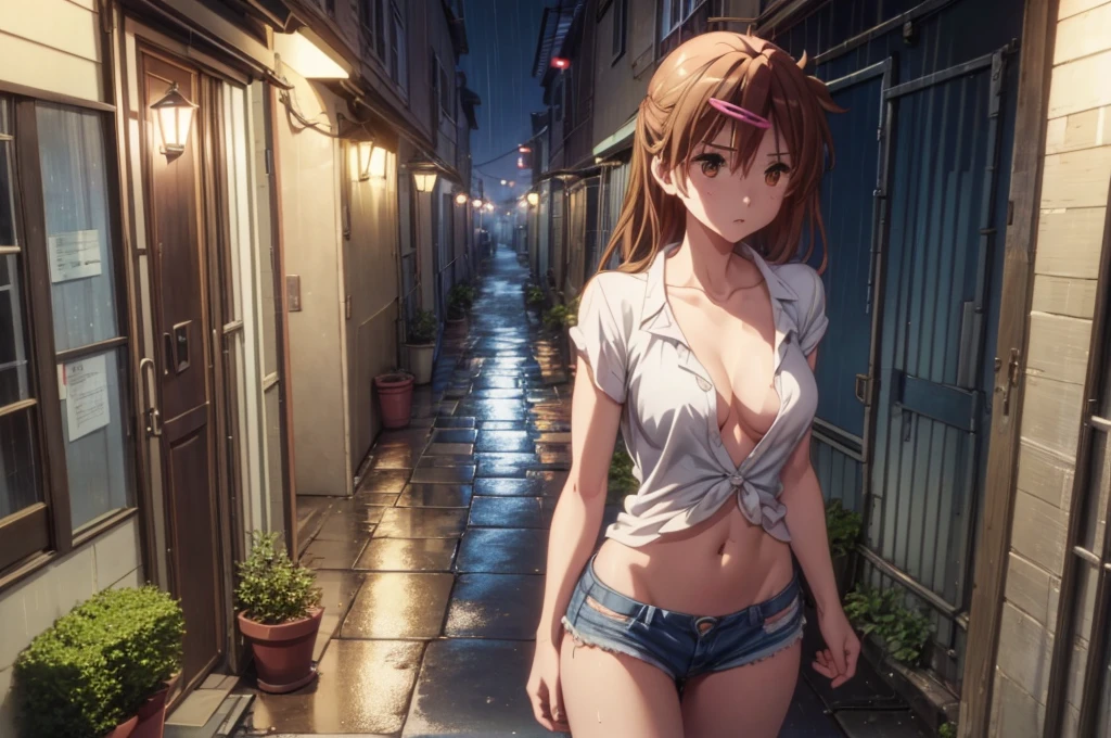 girl, blue short, Unbuttoned blouse, blouse on naked body,  you can see her breasts,  bare chest, Chest visible, street background, Narrow passage between houses, night, rain, slender body, full length, sneakers , bare chest, She opened her arms,  