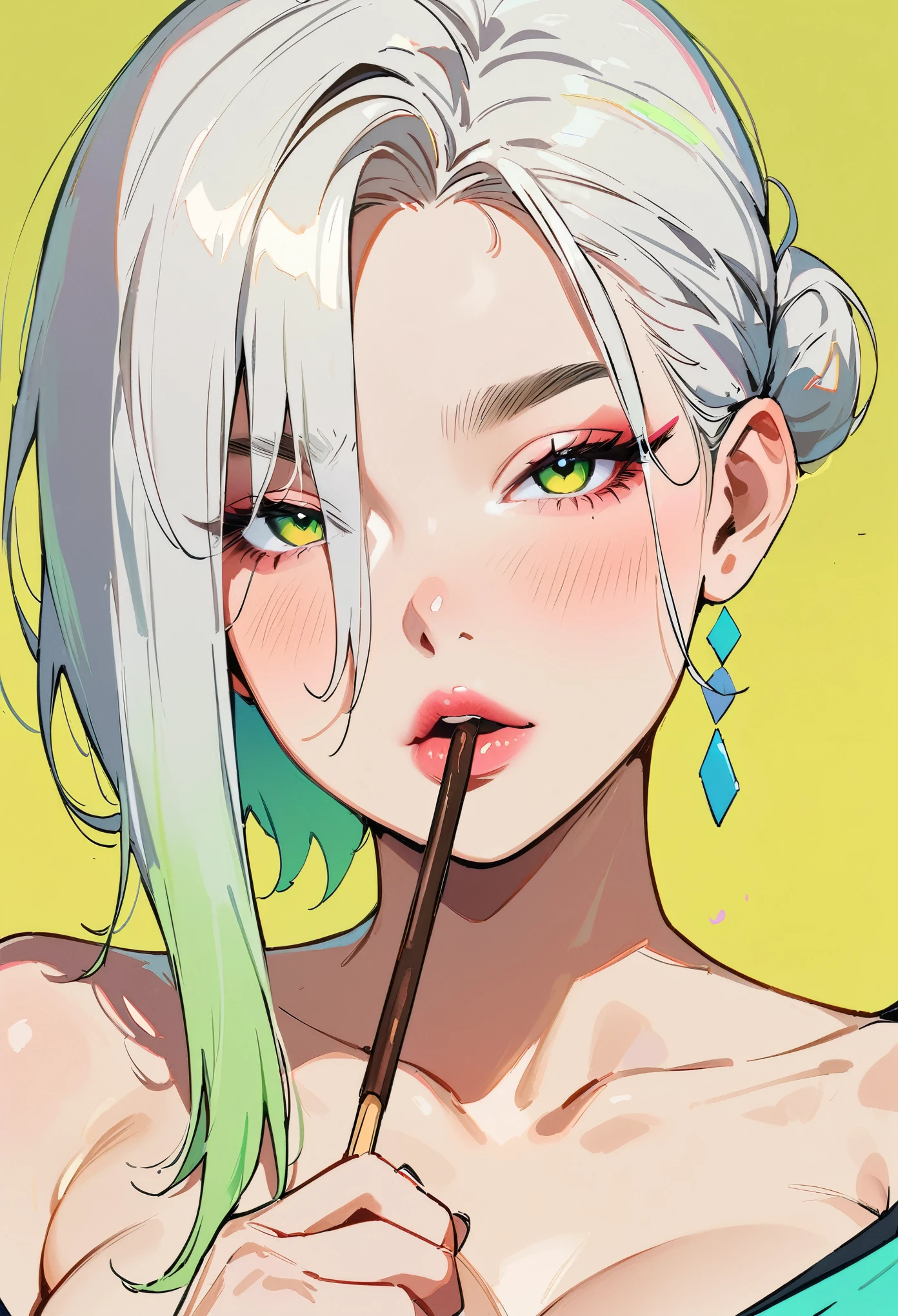 (masterpiece, best quality:1.4), 1 girl, 独奏, Anime style, Gray pupil, Blurred eyes, Holding pocky, Pink lower lip, Cyberpunk style makeup, Short silver asymmetrical hair, Asymmetrical short hairstyle, Long bangs on one side, Color highlights, Huge breasts, Black off-the-shoulder evening dress, Yellow-green background.