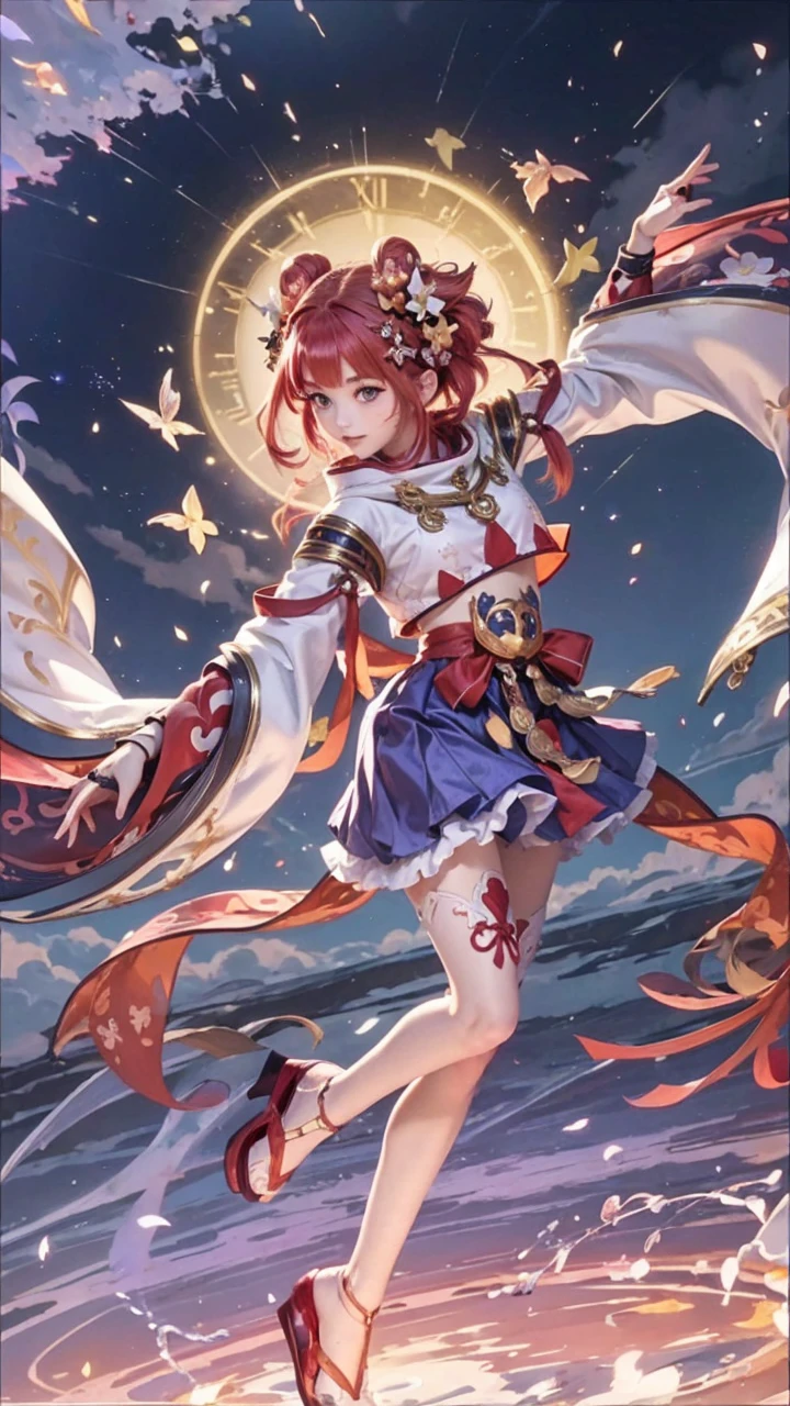 (masutepiece, Best Quality, Cute detailed wallpapers), (hight resolution, Ultra-detailed, Beautiful), (masutepiece, Best Quality), the illustration is detailed, Many decorations, Upper body, From  above, One female, 18 years old, Glowing red eyes, Pink hair, (, Two-tone mesh hair) Black sweater with open chest, Two horns, Devil's Tail, Demon Costume、kawaii pose、