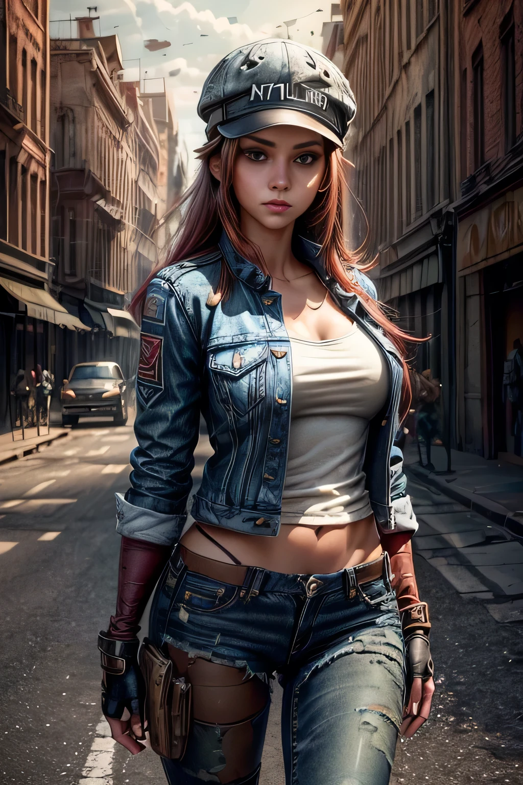 ((Beautiful young woman in a cap with inverted visor:1.5)), ((Accurate shot:1.6)), engine unreal:1.4, Ultra-realistic K CG, photorrealistic:1.4, full picture:1.3,((hyperrealistic skin texture: 1.5, ultra detailed and beautiful : 1.4)), dynamic pose, work of art: 1.4, madmax style: 1.4, jeans jacket, long redhead hair, greeneyes, military style shorts, green pantyhose, decorations on your clothes and hair, Apocalyptic city in the background, 32 mil