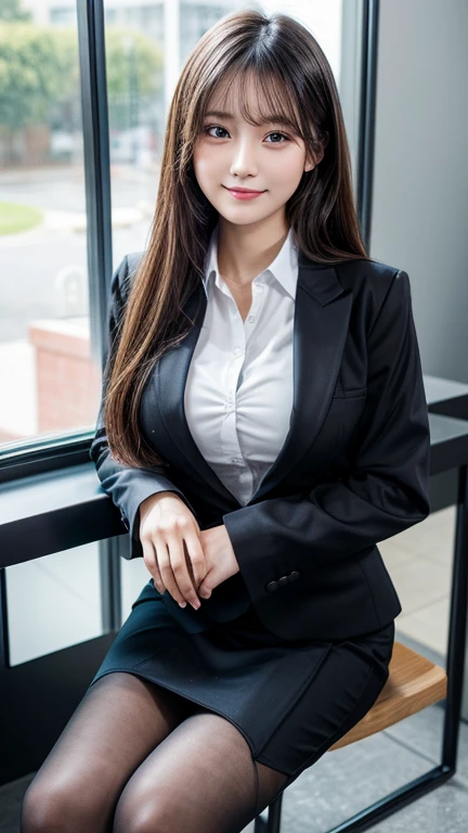 (Natural background), masterpiece, Highest quality, shape, Very detailed, finely, High resolution, 8k wallpaper, 完璧なダイナミックな構shape, finelyて美しい目, Big Breasts, Natural color lip,Sit cross-legged on a chair, She poses sexy, smile, ((office)), 20-year-old girl, Full Body Shot, Long Hair, ((working office uniform)), (dark), Thinking Ahead