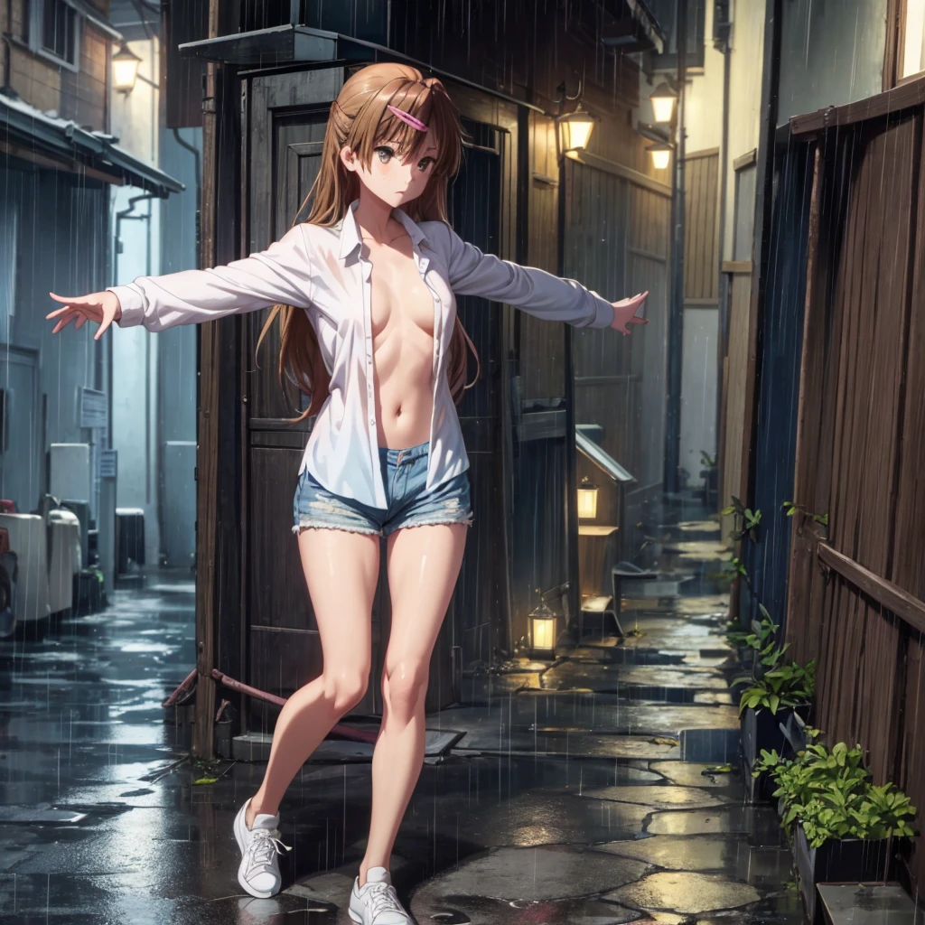 girl, blue short, Unbuttoned blouse, blouse on naked body,  you can see her breasts,  bare chest, Chest visible, street background, Narrow passage between houses, night, rain, slender body, full length, sneakers , bare chest, She opened her arms,  