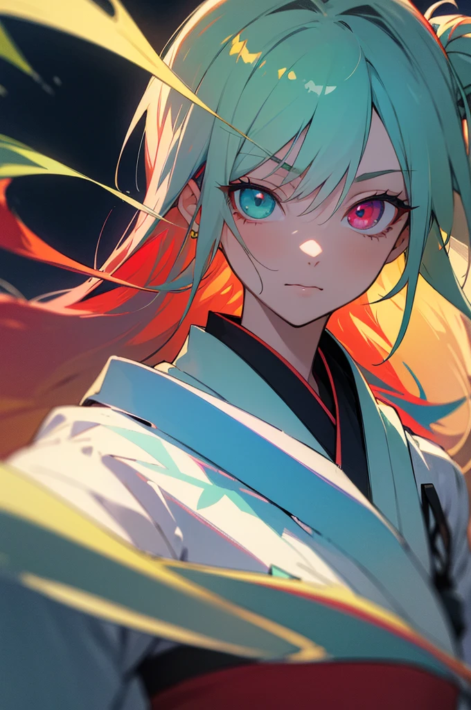 ((best quality)), ((masterpiece)), (detailed), perfect face, tradional blue kimono, multicolored hair, long hair, equalized half red hair and other half blonde near white hair, hair behind ear, multicolored eyes, heterochromia, emerald green eye and deep violet eye, anime, anime, anime style, 8k, super detail