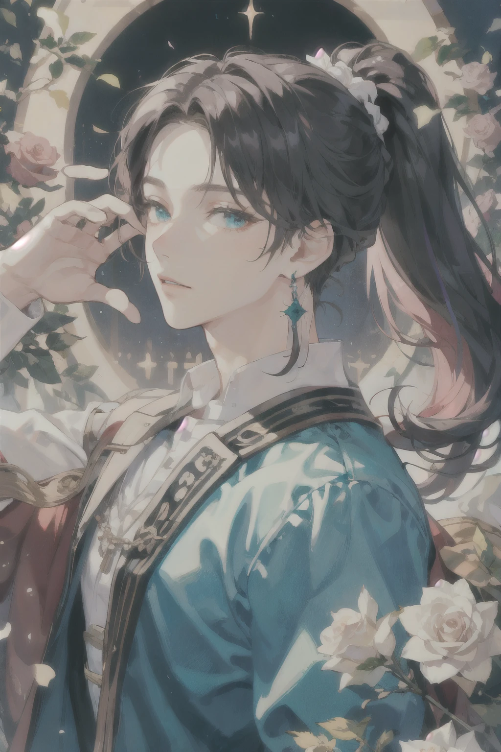 ((masterpiece)), Rose-colored hair、Long-haired ponytail、Earrings、Turquoise Eyes、Beautiful Youth、Magic Knight、noble、Beautiful Youth、male、Men