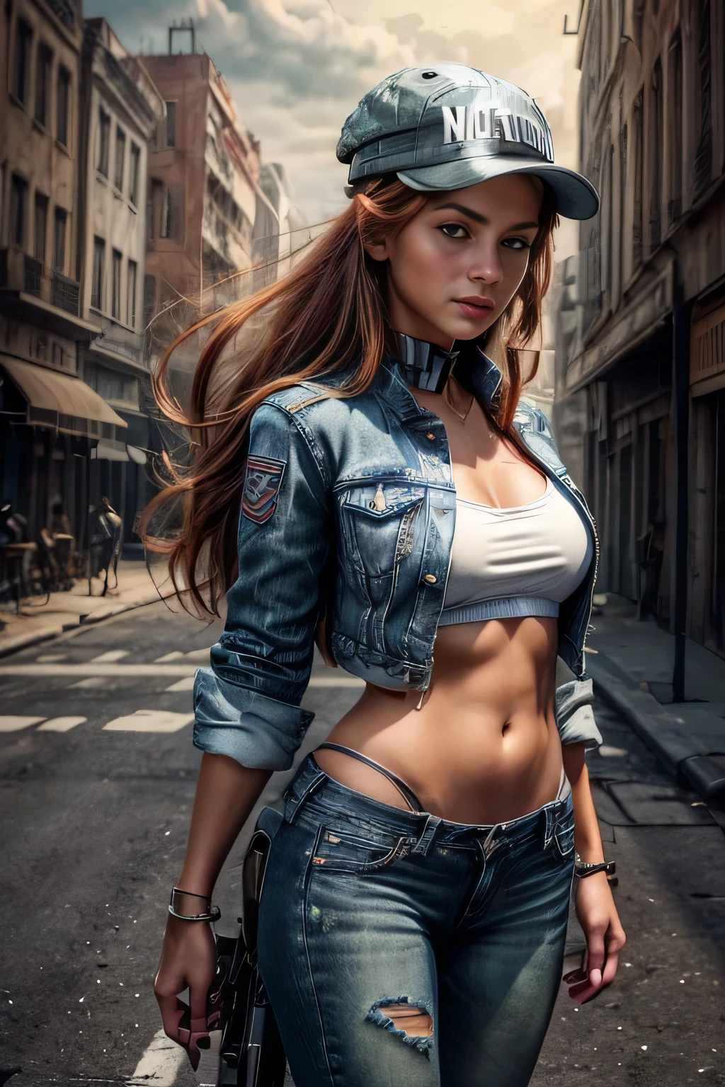 ((Beautiful young woman in a cap with inverted visor:1.5)), ((Accurate shot:1.6)), engine unreal:1.4, Ultra-realistic K CG, photorrealistic:1.4, full picture:1.3,((hyperrealistic skin texture: 1.5, ultra detailed and beautiful : 1.4)), dynamic pose, work of art: 1.4, madmax style: 1.4, jeans jacket, long redhead hair, greeneyes, military style shorts, green pantyhose, decorations on your clothes and hair, Apocalyptic city in the background, 32 mil