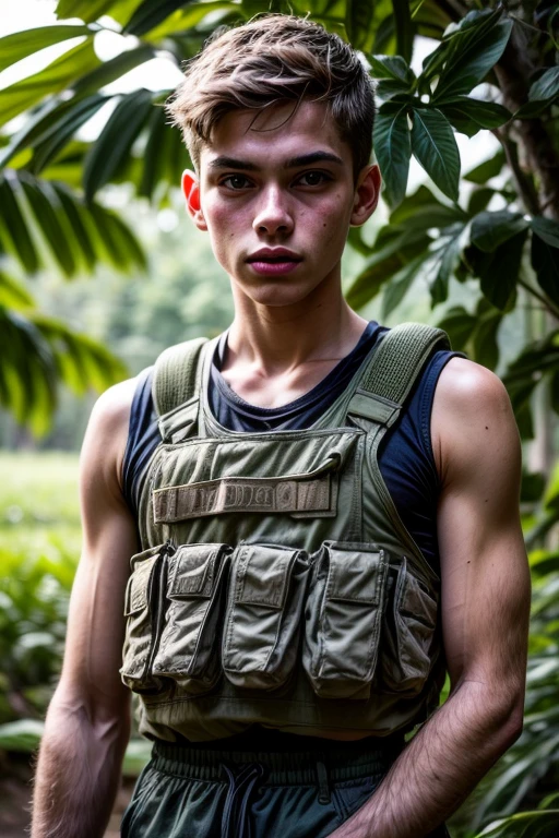 Portrait of a young military in the jungle, warman, warboy, 1boy, military pants, military vest, wearing a tank top, sportsman, slim, beautiful facial features, photography, ultra detailed, real, film grain, beautiful boy, beautiful facial features, symmetrical, film grain, male beauty, short hair, supreme, nature, artistic portrait, artistic pose, photography award, realistic, heroic}, white man