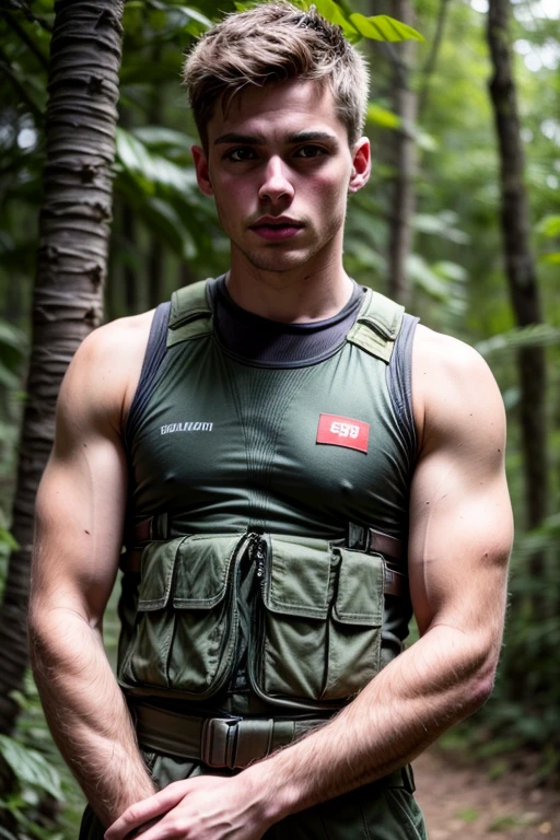 Portrait of a young military in the jungle, warman, warboy, 1boy, military pants, military vest, wearing a tank top, sportsman, slim, beautiful facial features, photography, ultra detailed, real, film grain, beautiful boy, beautiful facial features, symmetrical, film grain, male beauty, short hair, supreme, nature, artistic portrait, artistic pose, photography award, realistic, heroic}, white man