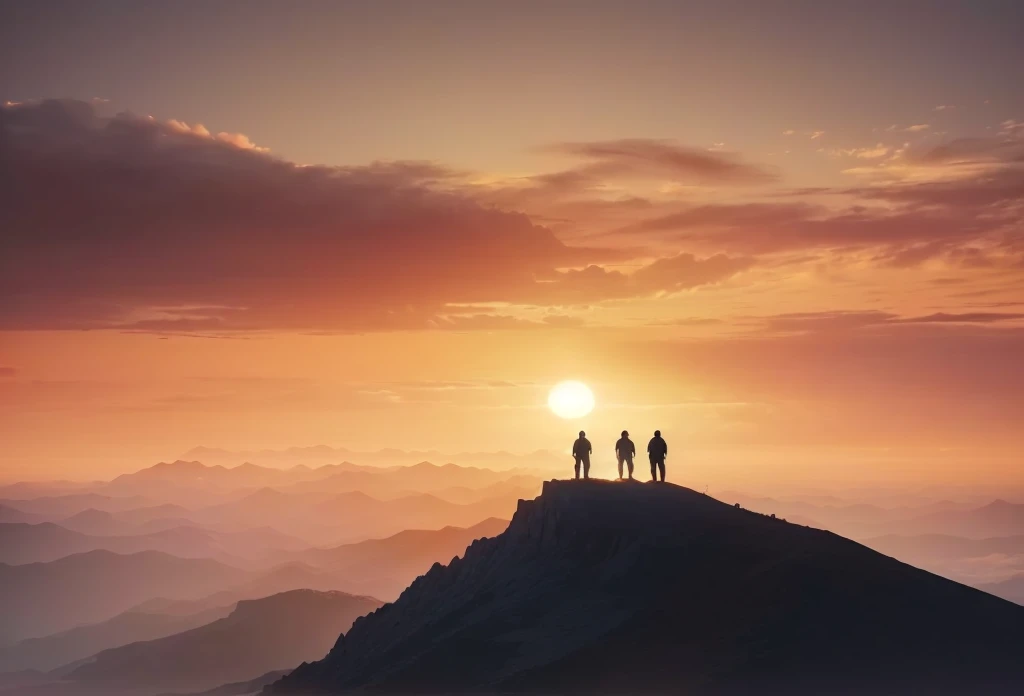 a detailed landscape, two friends standing on top of a very high mountain, vast ocean view, sunset in the distance, huge epic scenery, silhouettes of the friends in the foreground, cinematic lighting, dramatic colors, hyper realistic, award winning, 8k, intricate details, photorealistic, masterpiece