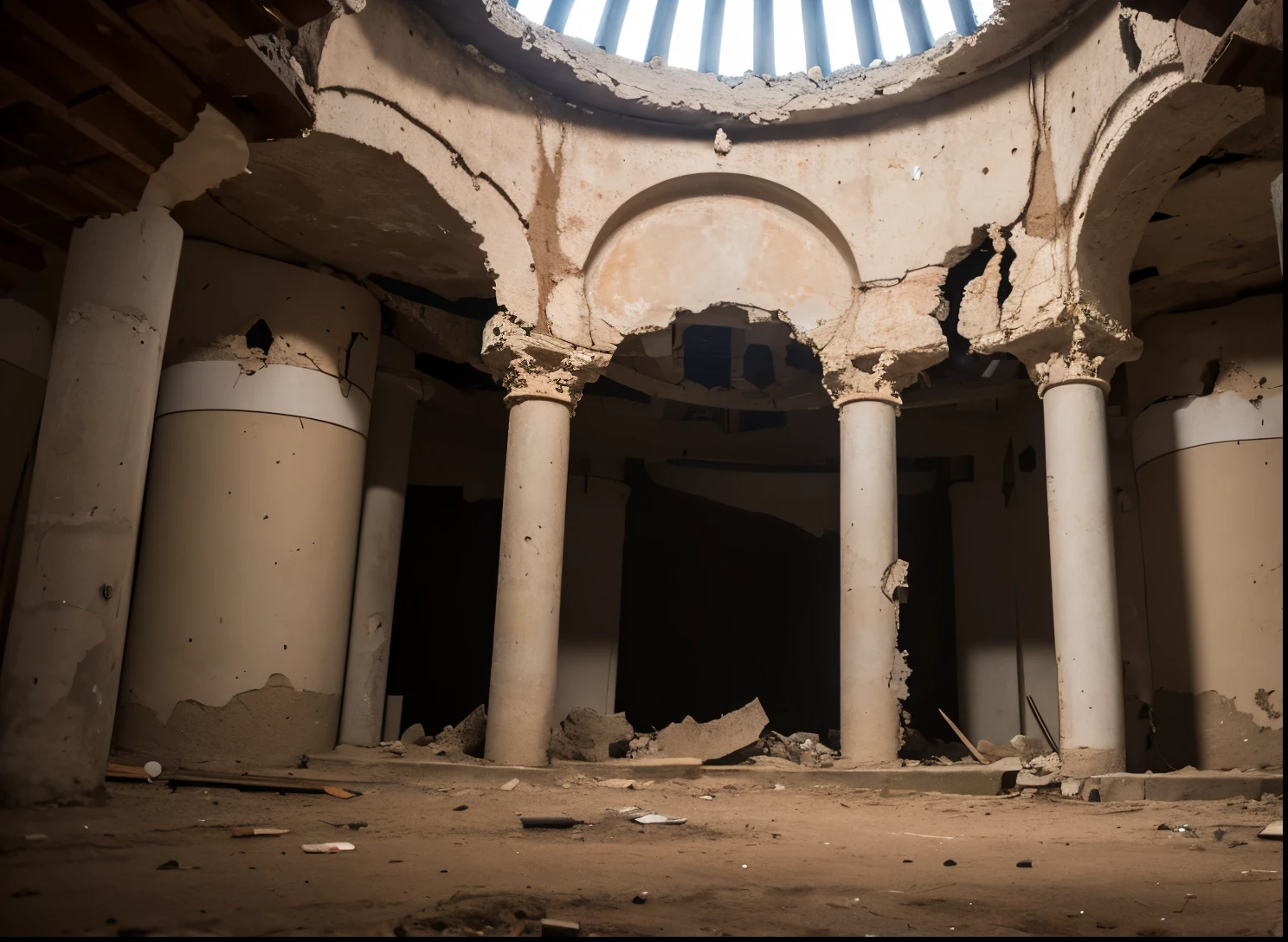 ((Destroyed)) Orthodox church interior ((Underground)), Round Hall, ((hole in the ceiling)), (Serious damage), round columns, light from above