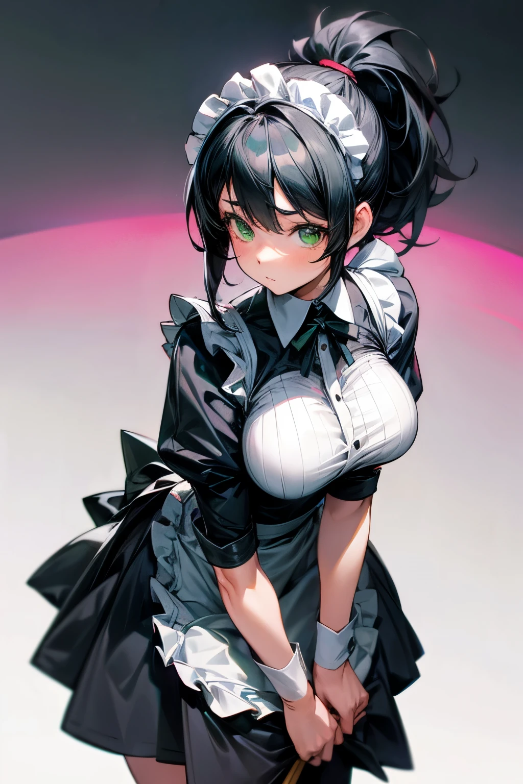 "anime girl, 1 person, black hair, short ponytail, green eyes, maid, maid, big breasts, solo, front view, Medium Skirt, Chest Covered, (full HD 4K+ image)"