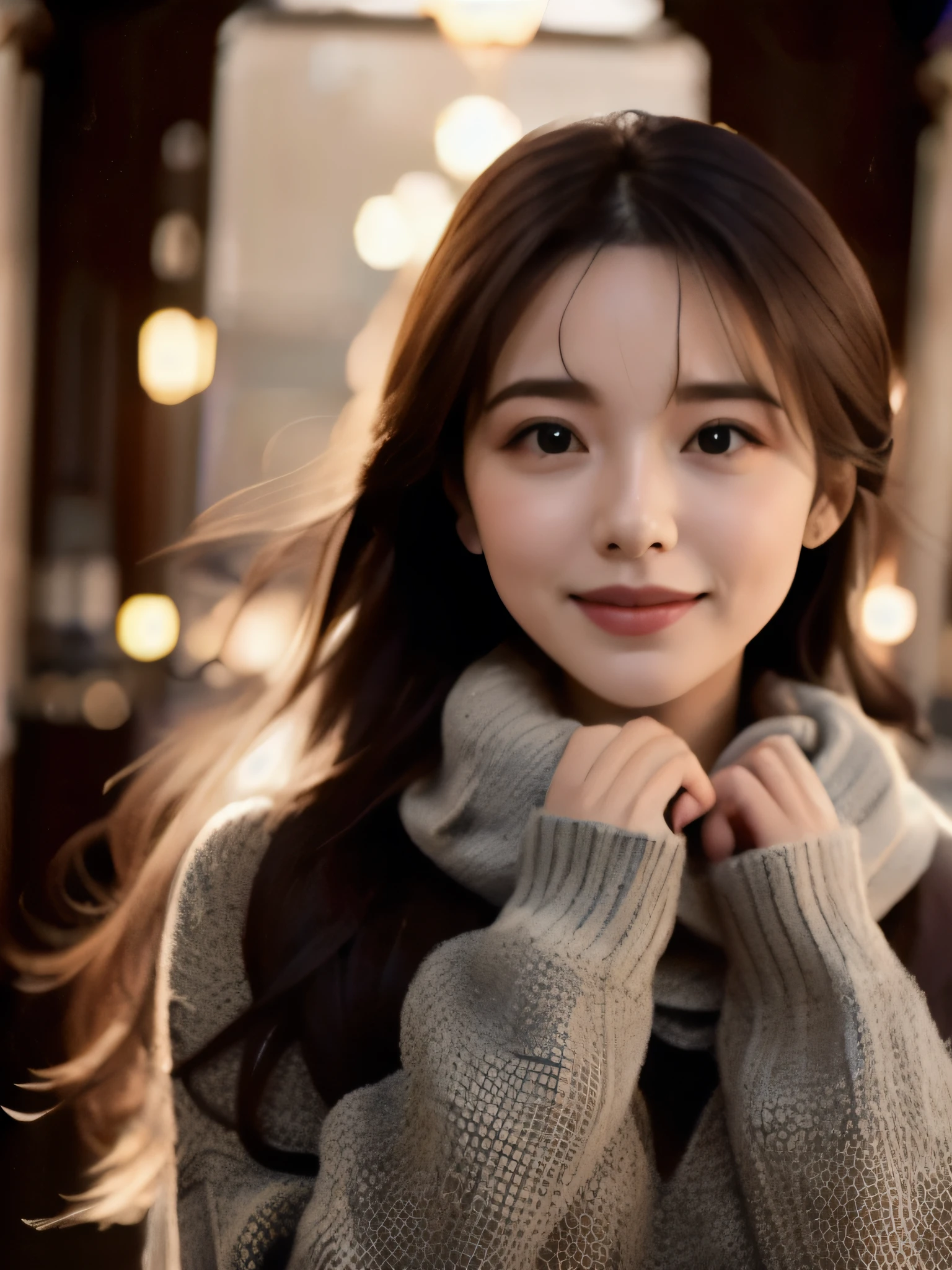 1woman, mature ,solo, close up, slender,((sweater and scarf)), ((soft smiling)), (best quality,8k,highres,masterpiece:1.3), (crystal clear white skin),ultra-detailed, (realistic,photorealistic,photo-realistic:1.37), portrait, cinematic, warm lighting, medium format, golden hour, dramatic shadows, vibrant colors,((hair up)),(( waving long hair by Wind)),