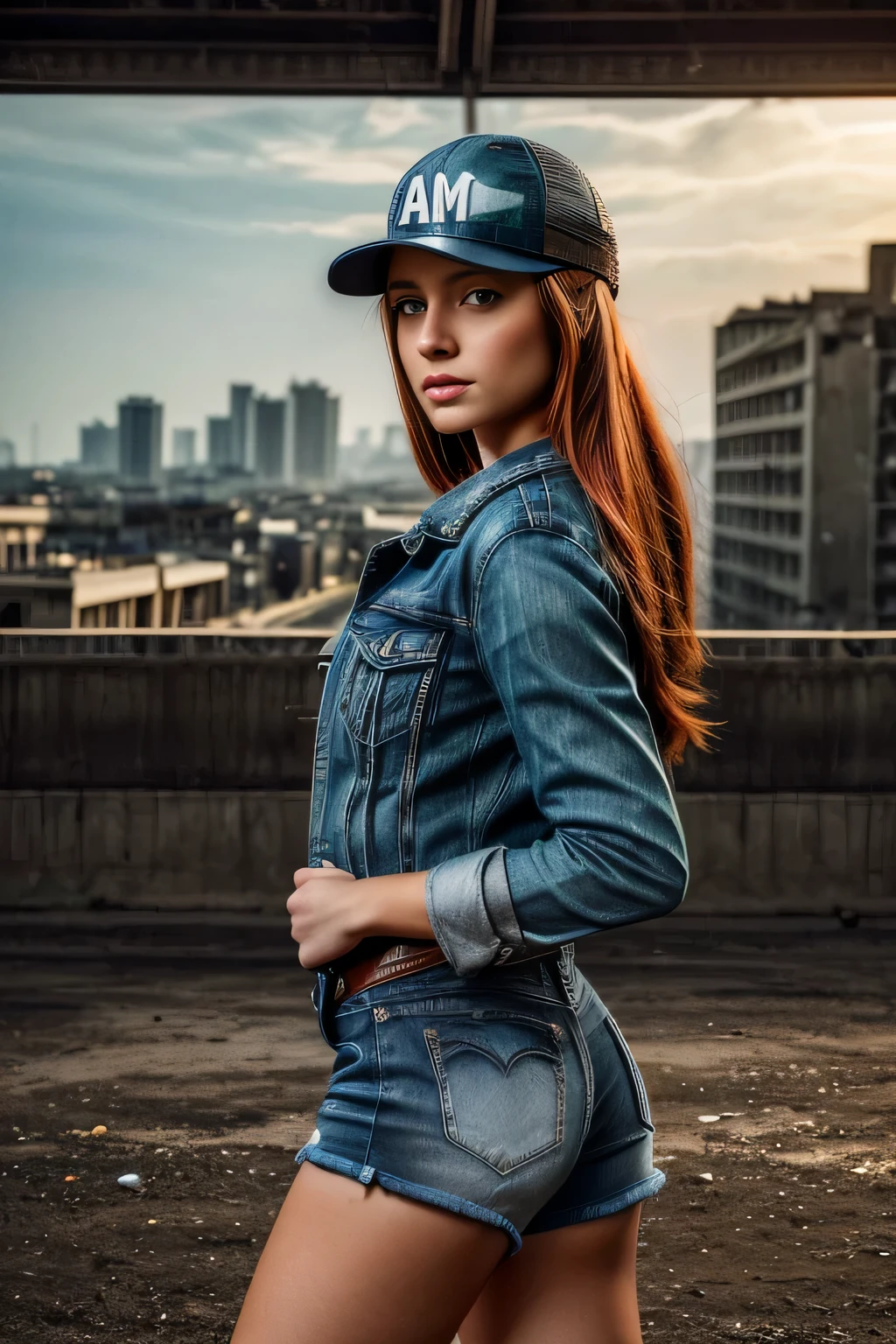 ((Beautiful young woman in a cap with inverted visor:1.5)), ((Accurate shot:1.6)), engine unreal:1.4, Ultra-realistic K CG, photorrealistic:1.4, full picture:1.3,((hyperrealistic skin texture: 1.5, ultra detailed and beautiful : 1.4)), dynamic pose, work of art: 1.4, madmax style: 1.4, jeans jacket, long redhead hair, greeneyes, military style shorts, green pantyhose, decorations on your clothes and hair, Apocalyptic city in the background, 32 mil