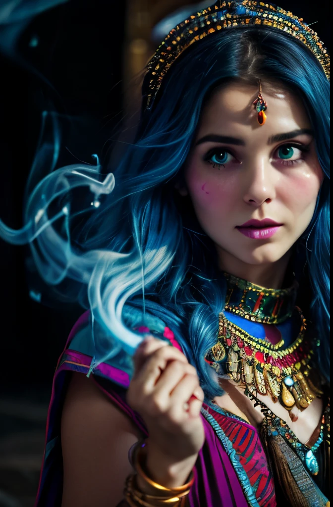 realistic, analog photo, Masterpiece, RAW photo, middle shot, photorealistic, (detailed cute face), genie, (folkloric Arabic creature), (in "Aladdin" style), (cute female, looks like Rachel Cook), short blue hair, blue skin, detailed Arabic village on background, (ghost blue smoke body), smoke particles, halo, (bioluminescent:0.95), vivid colors, vibrant color details, dynamic, Intensed eyes, sexy, pleasure, smoke splash, wishmaster, depth of field, 35mm, film grain, raw photo, isometric, extremely detailed