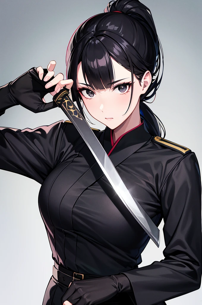 Beautiful images,Official image,One Woman,Beautiful black hair,Beautiful and detailed black eyes,ponytail,Beautiful five fingers,Ergonomically correct hand,Black Combat Officer Uniform,Black boots,stand.A Japanese sword,A Japanese sword with a long and beautiful blade,Holding a Japanese sword in one hand,Hold the Japanese sword in your hand,