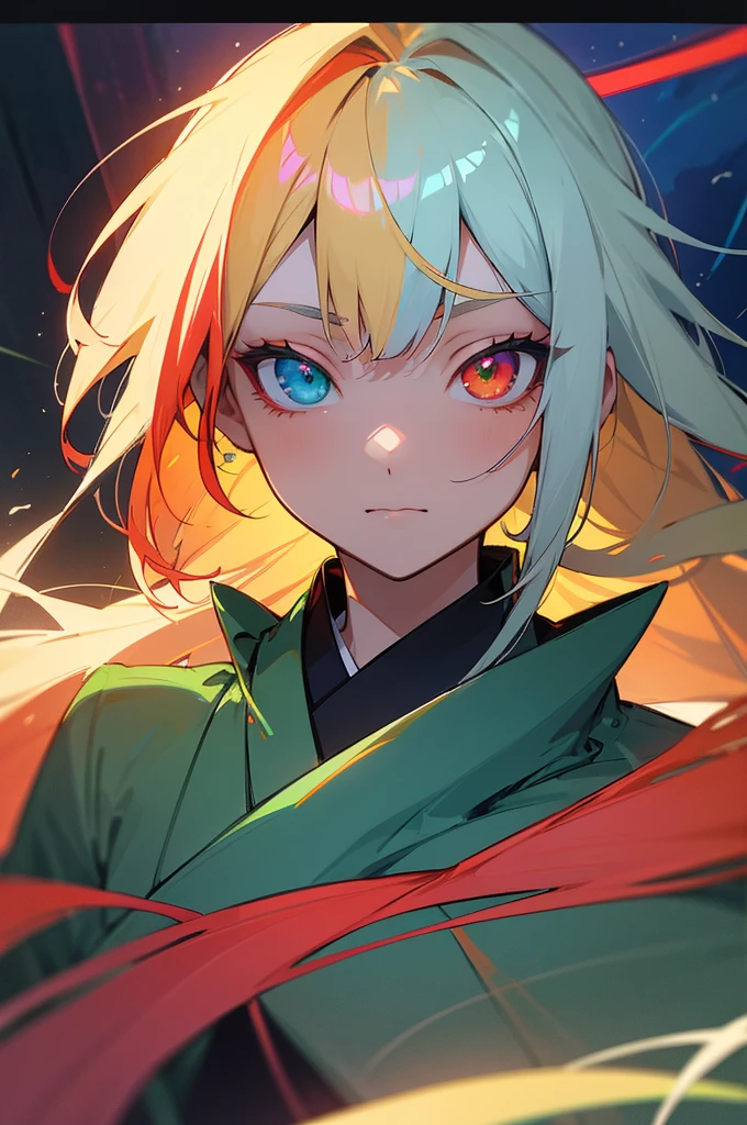 ((best quality)), ((masterpiece)), (detailed), perfect face, tradional blue kimono, multicolored hair, long hair, split half red hair and other half blonde, near white hair, hair behind ear, multicolored eyes, heterochromia, emerald green eye and deep violet eye, anime, anime, anime style, 8k, super detail