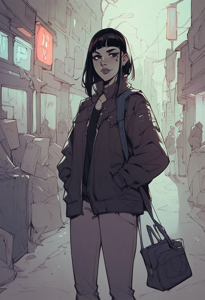 masterpiece, best quality, 1 girl, , hands in pockets, bag, black hair, black eyes, cyberpunk, street, line art