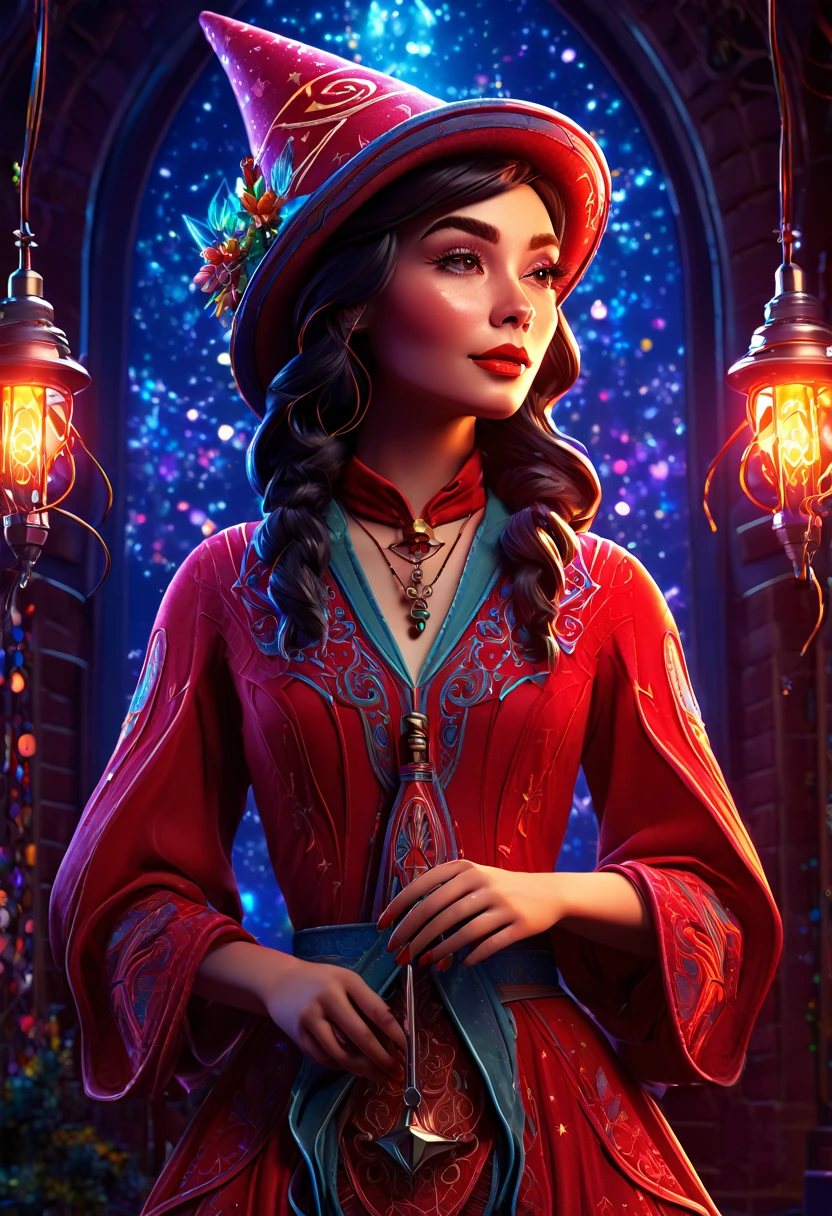 Ava Red, the Wizard of Magical Colors,Honky Tonk Girl, octane render, intricate details, dreamy, --ar 9:16, dan mumford