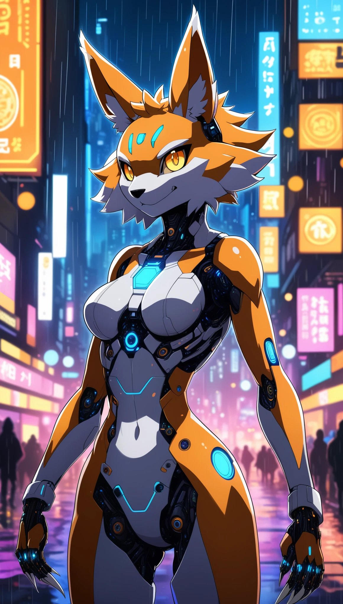 8K, RAW, best quality, masterpiece, ultra high res, colorful, portrait, (medium wide shot), (dynamic perspective), sharp focus , (depth of field, bokeh:1.3), extremely detailed eyes and face, beautiful detailed eyes, 
detailed background, cyberpunk cityscape, neon-lit buildings towering above, rain-soaked streets reflecting the vibrant lights, (furry female:1.1), Renamon character from Digimon series with sleek orange fur and white accents, ((cybernetic enhancements integrated into her body):1.4), glowing circuits visible beneath her translucent skin, sharp claws glistening in the dim light, (slim build with a hint of muscularity:0.9), standing tall and confident amidst the bustling city atmosphere.,
(hardline, outline), furry anime kemono, (lineart:0.6), (flat shading, flat colors:1.1), (vibrant colors:1.1), [by dagasi|ancesra:1.4]