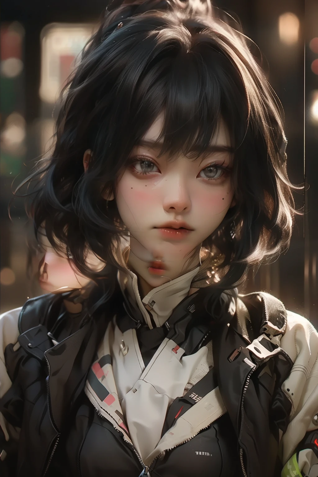 ((best quality)), ((Masterpiece)), (details:1.4), 3d, Image of a beautiful cyberpunk woman., HDR (high dynamic range), mature woman, Curtain Bangs, Black hair, white eyes, SWAT uniform, PBR surface, After processing, Anisotropic filtration,depth of field, Maximum clarity and clarity, multi-layered surface, perfect proportions, 8K raw files, cyberpunk, at night, ผมหลายชั้น, กระโปรงสั้น, natural lighting, soft lighting, sunlight, หน้าอกใหญ่,