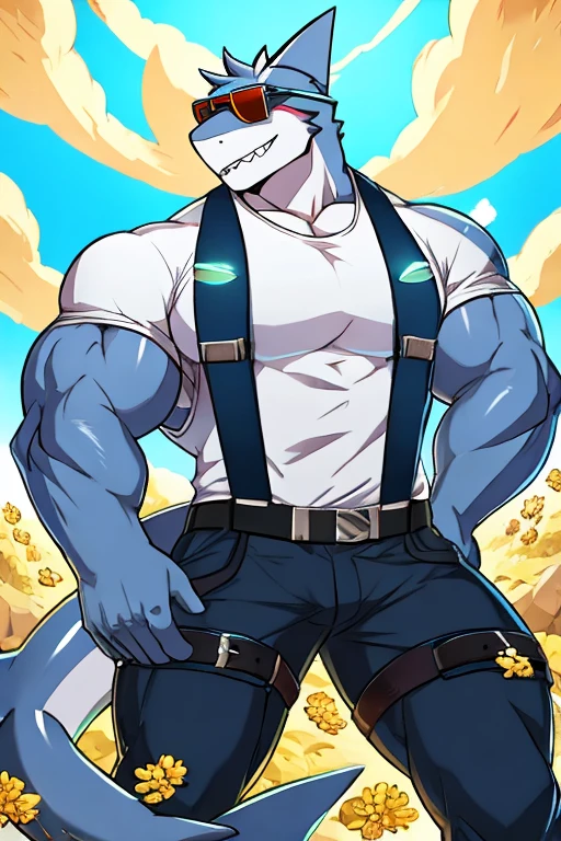 muscular shark, pollen, Sunglasses, white shirt with straps 